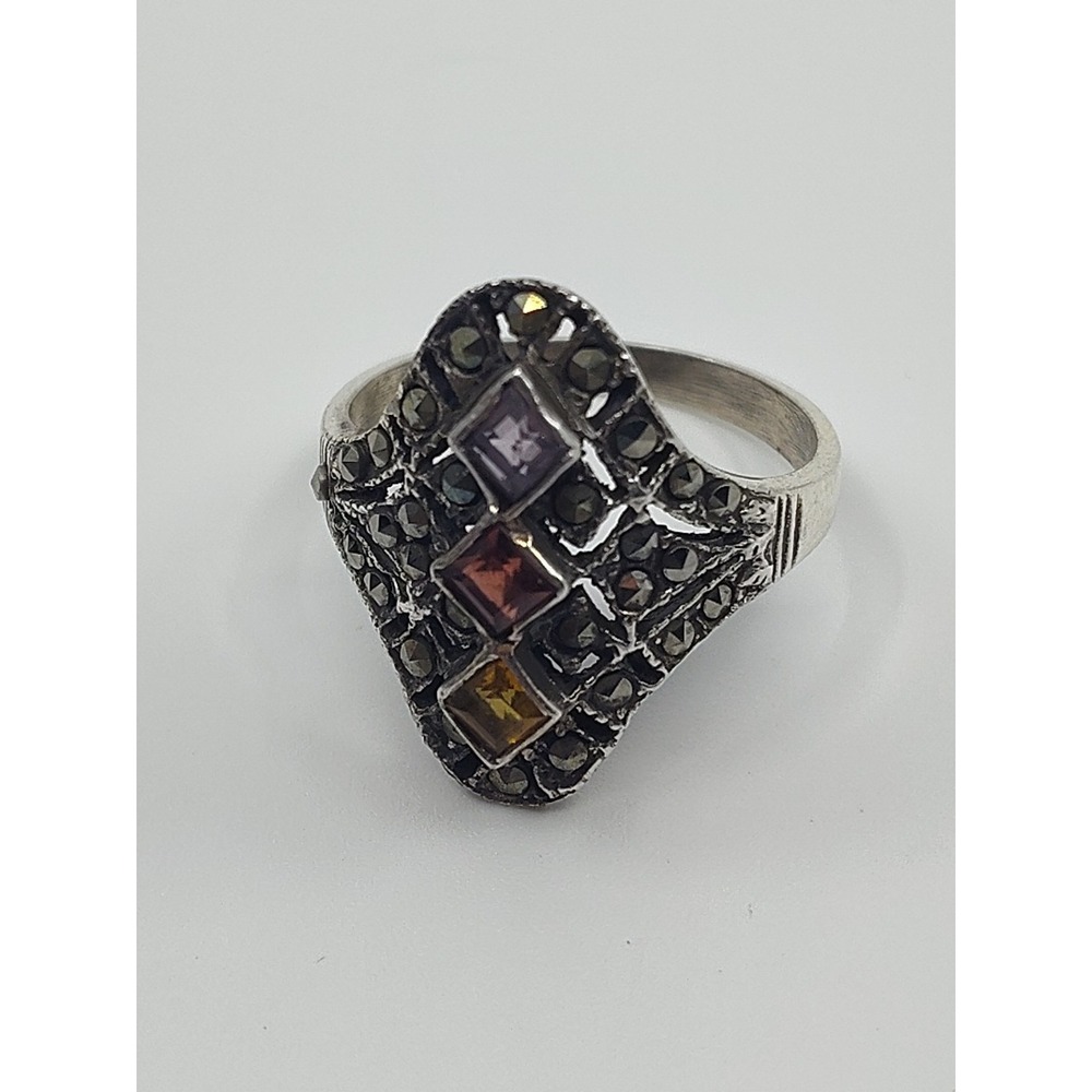 Sterling Silver 925 Citrine Amethyst Ruby Rhinestone Gemstone Ring Size 7.75